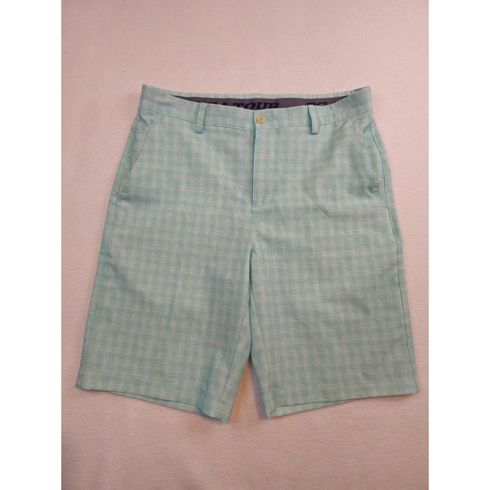 PGA Tour Mens Mint Green Plaid Golf Shorts Size 32 Performance Flat Front 9in